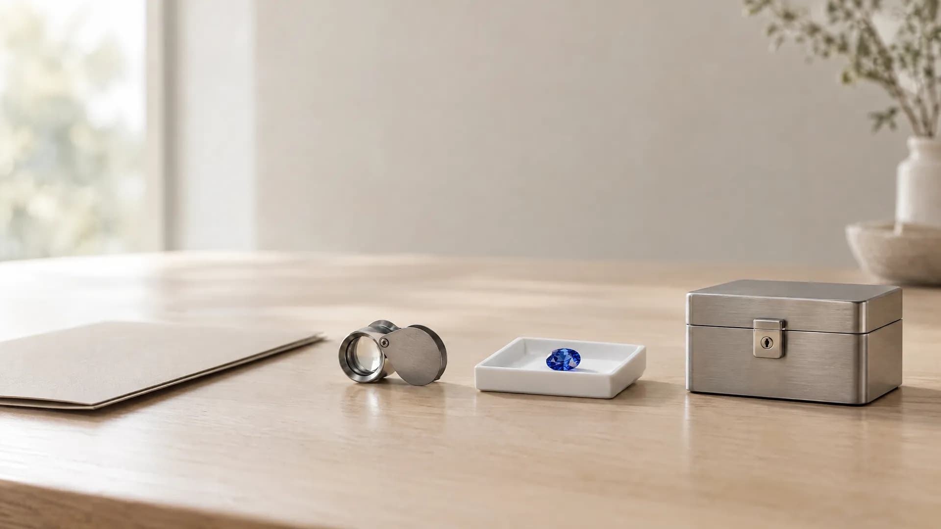 A folder, a loupe, a blue sapphire on a white tray and a small steel lockbox laid out in a row on a pale oak table.