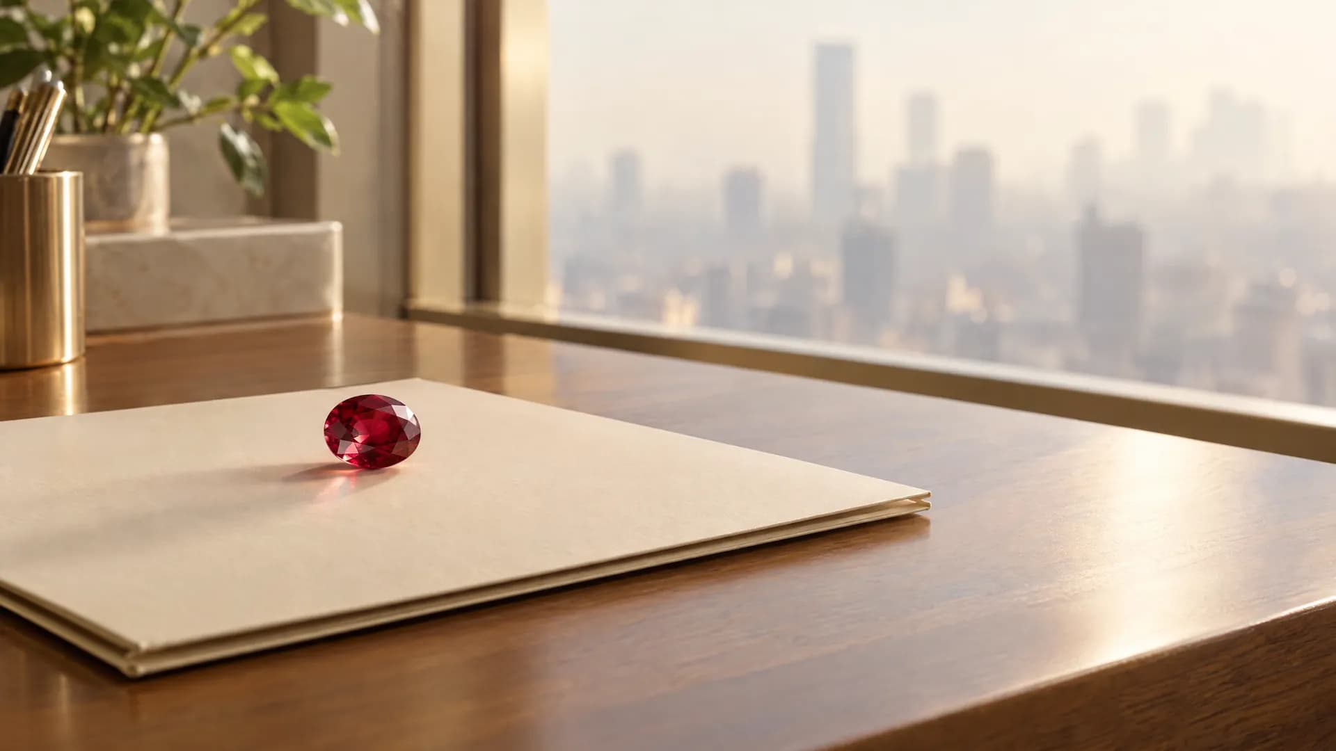 A ruby on a closed folder on a desk beside a window with a hazy city view