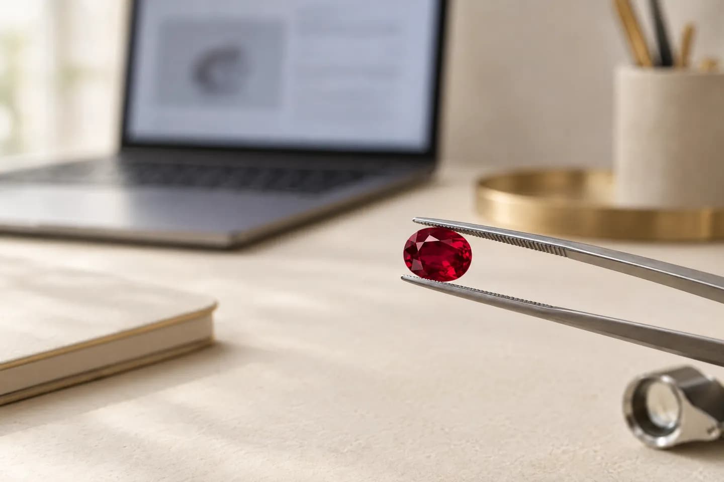 A laptop with a blurred screen and a ruby held in steel tweezers in the foreground