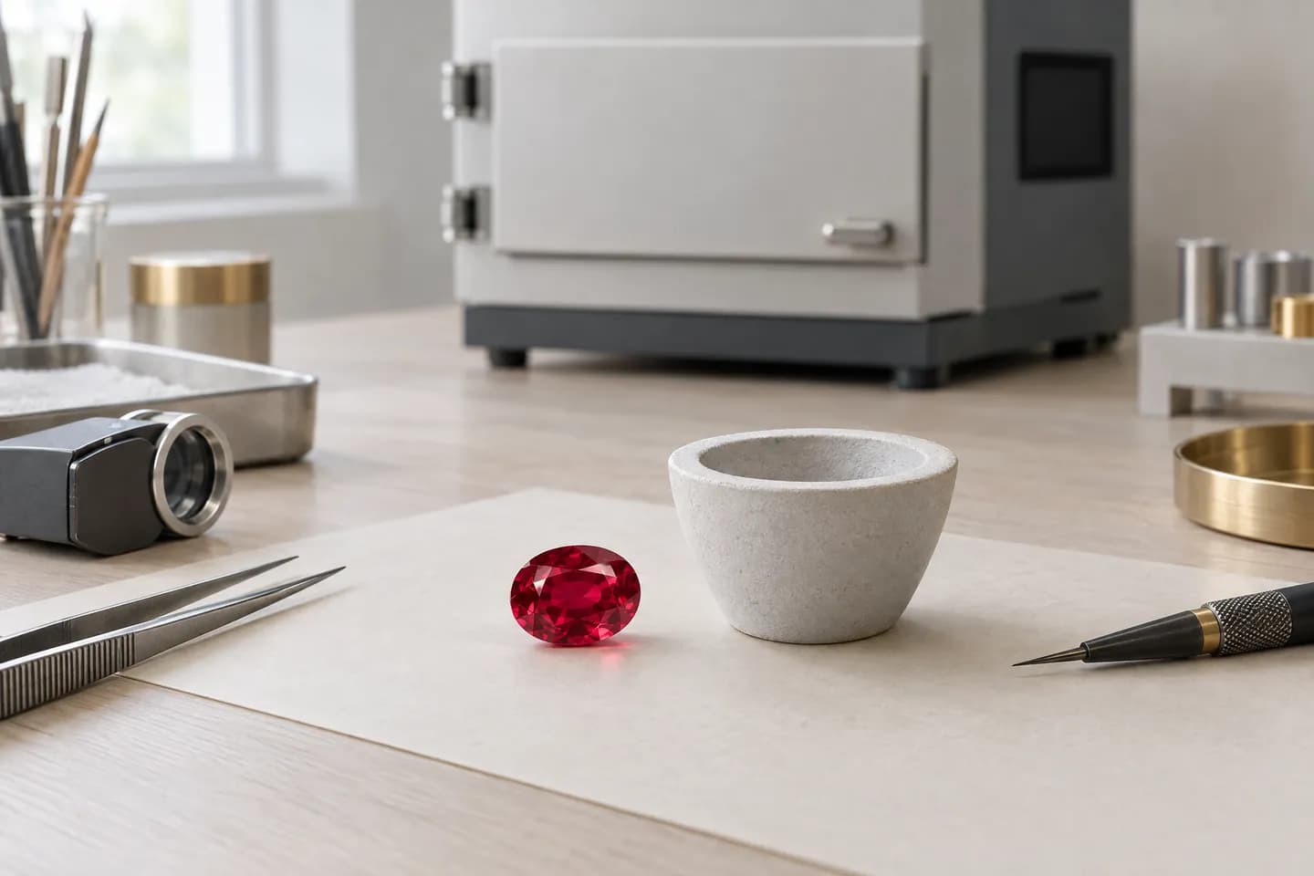 A ruby beside an empty ceramic crucible, a laboratory furnace behind