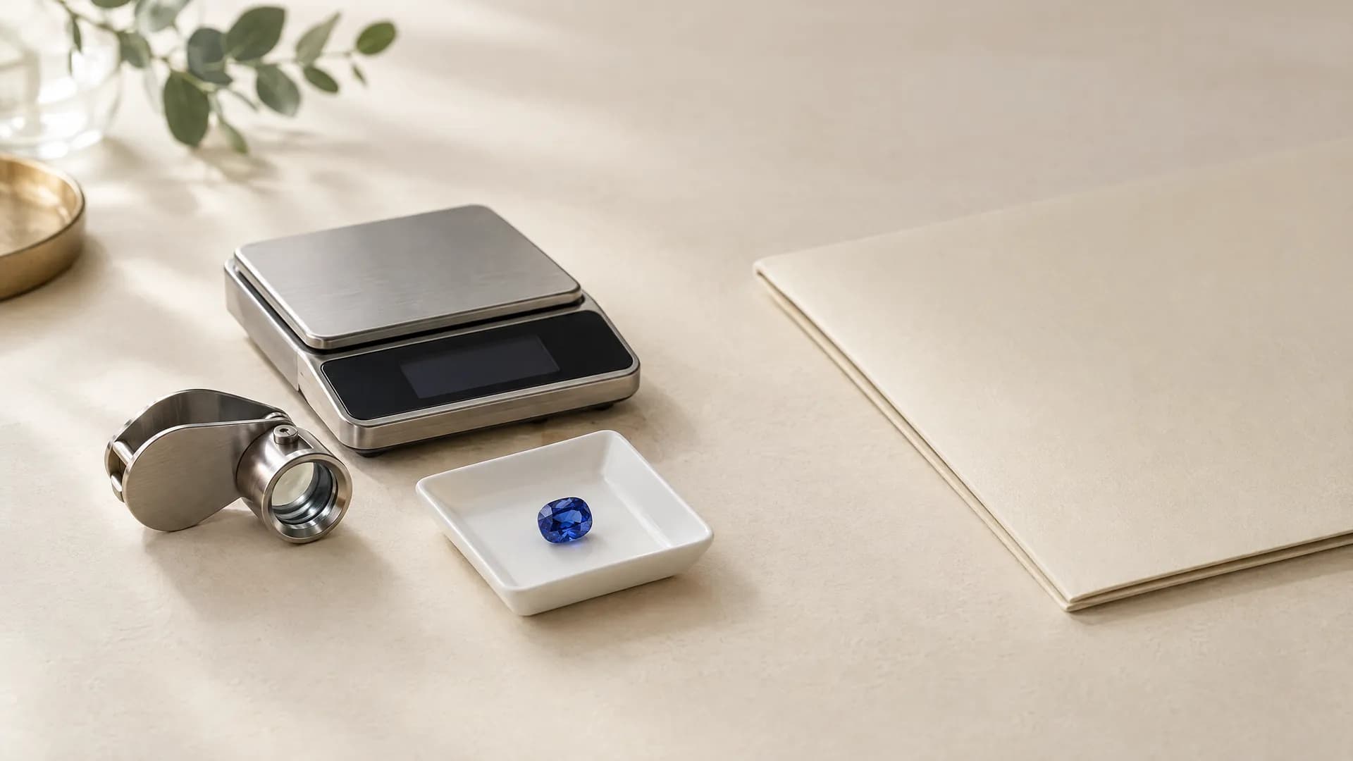 A sapphire on a white tray beside a carat scale, a loupe and a closed folder