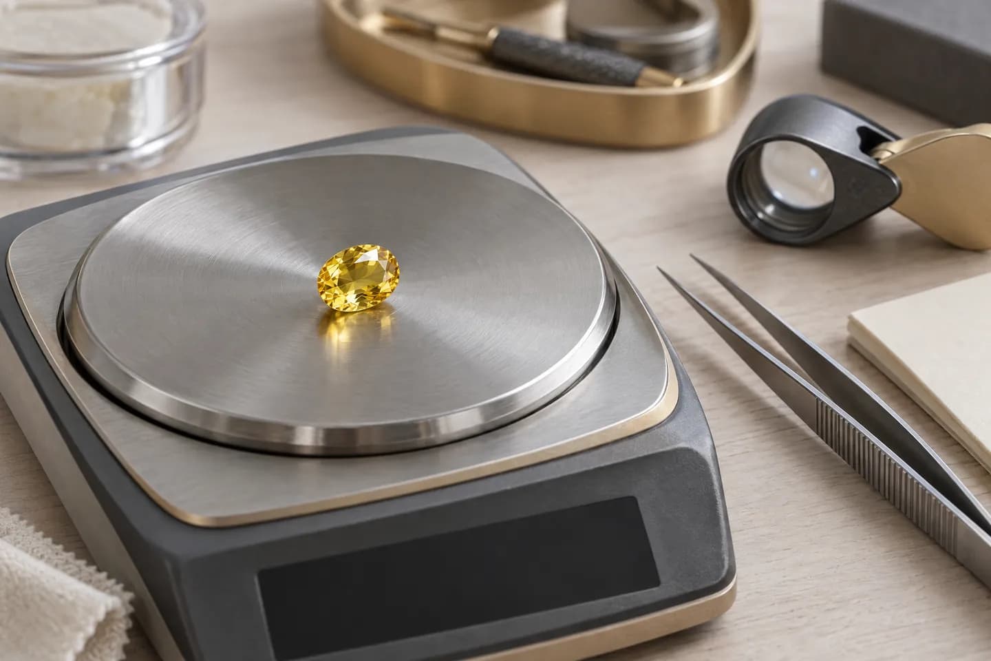 A yellow sapphire on the pan of a precision carat scale