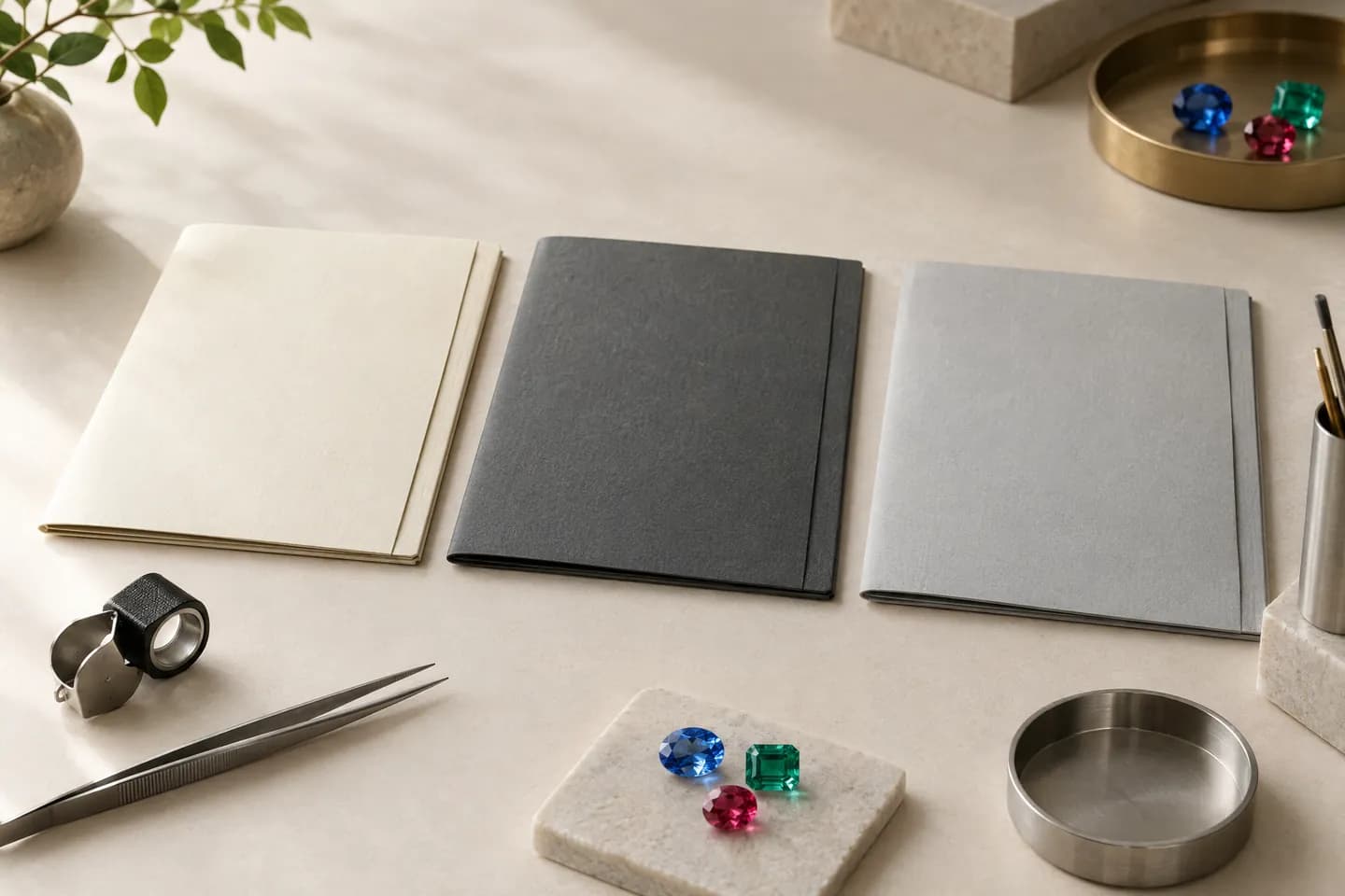 Three closed folders in ivory, graphite and grey laid side by side