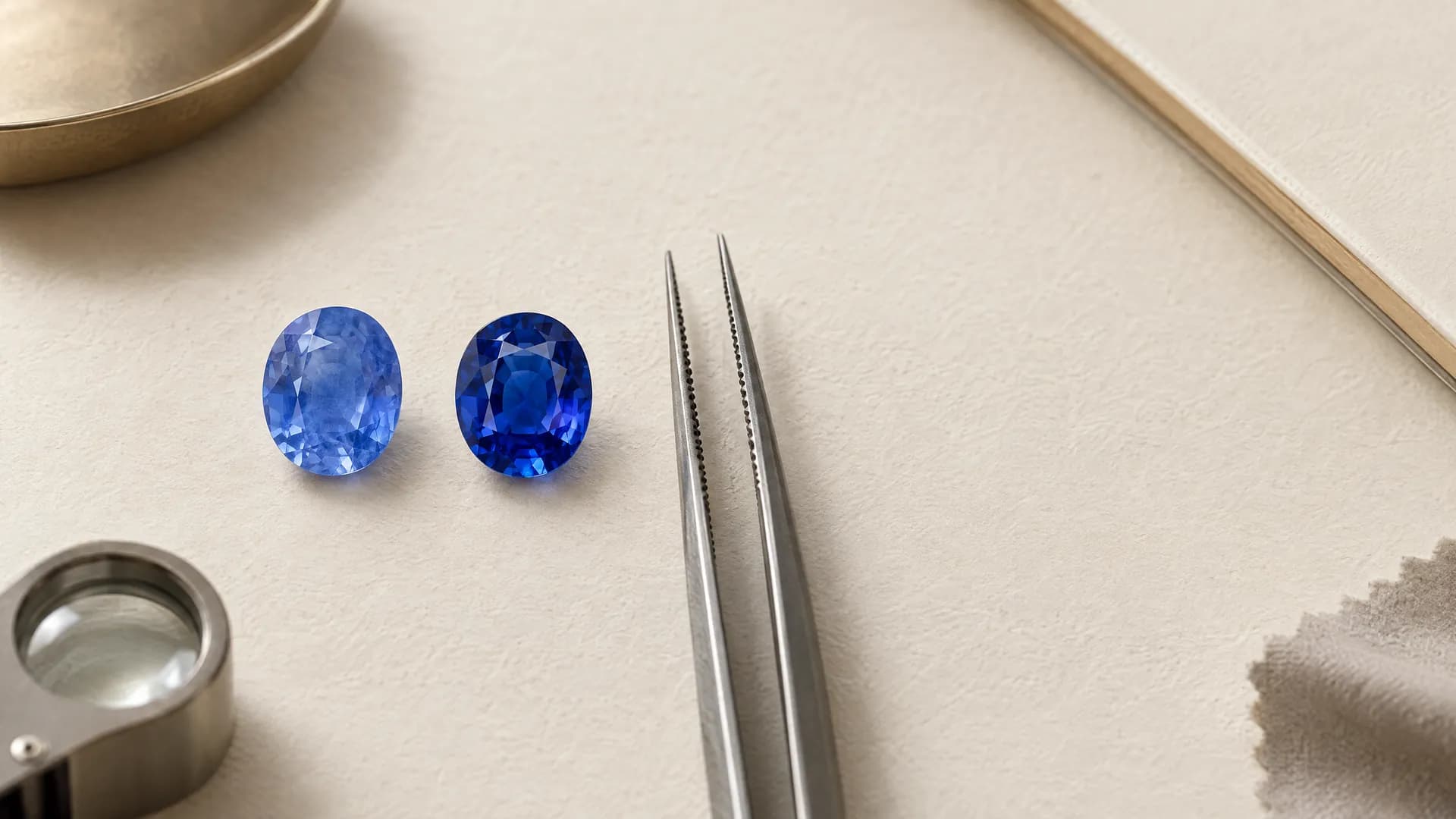 Two blue sapphires side by side, one soft and velvety, the other crisp and deep blue