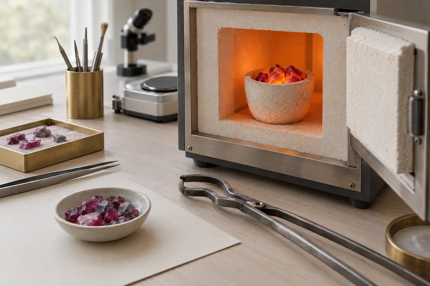 A crucible of rough corundum glowing orange inside an open laboratory furnace