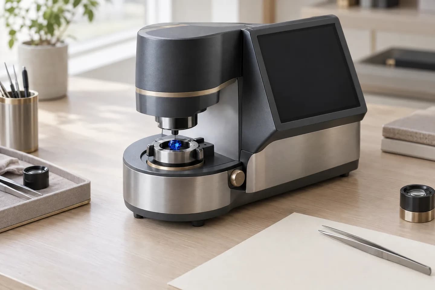 A benchtop spectrometer with a blue sapphire in its sample holder