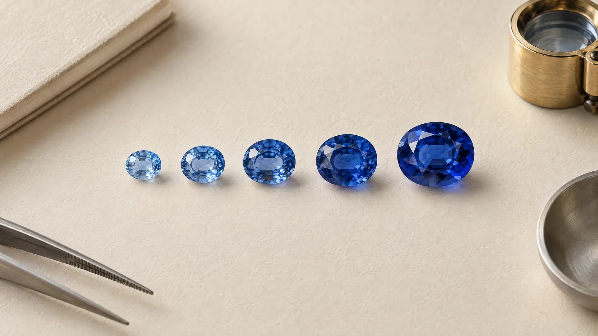 A row of blue sapphires from pale to deep blue and from small to large