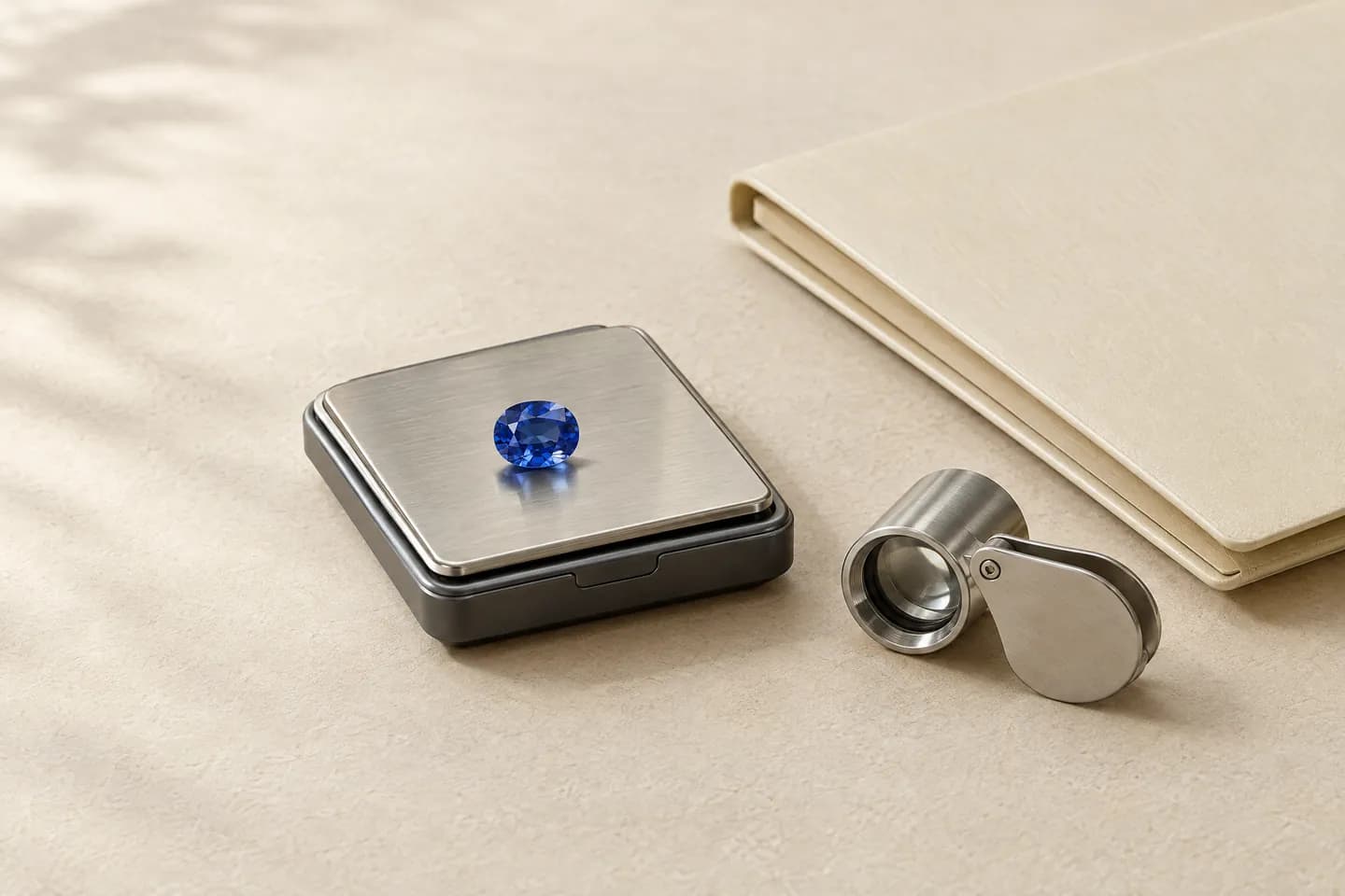 A blue sapphire on a small carat scale beside a closed folder and a loupe