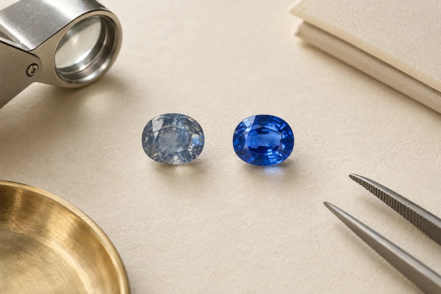 Two oval sapphires side by side, one greyish and cloudy, the other a vivid clean blue