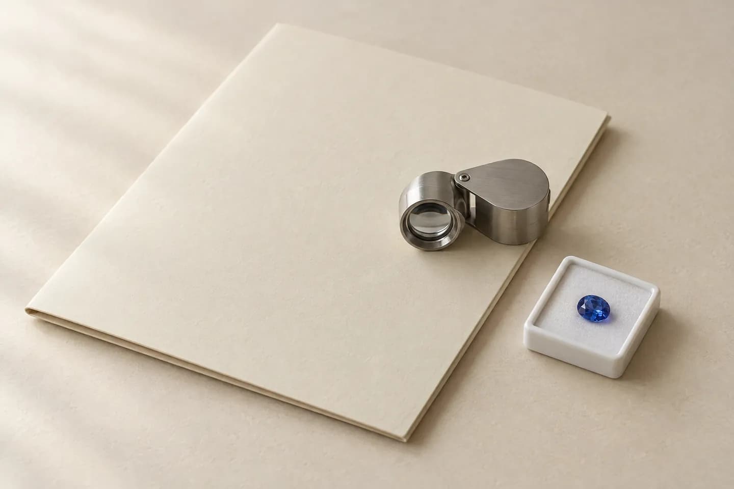 An oval blue sapphire on a small white tray beside a closed, unmarked folder with a loupe on it