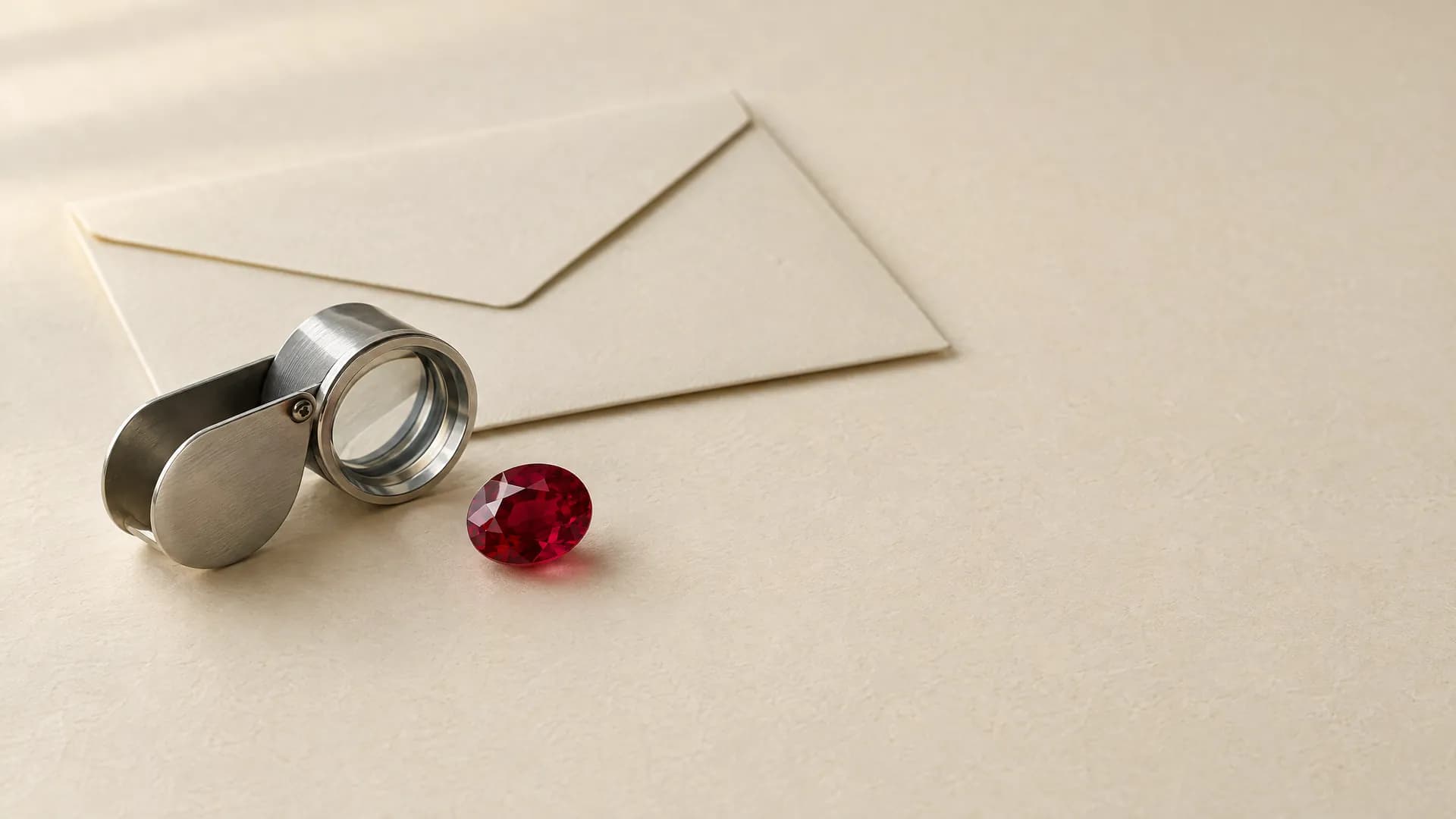 A red ruby and a steel loupe on ivory paper, a closed blank envelope behind them