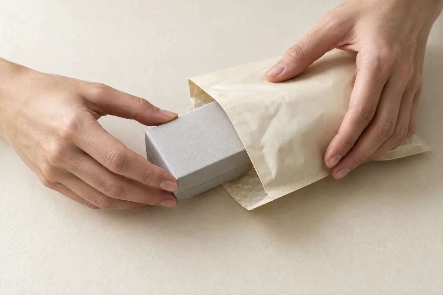 Two hands sliding a small closed grey box into a plain padded envelope