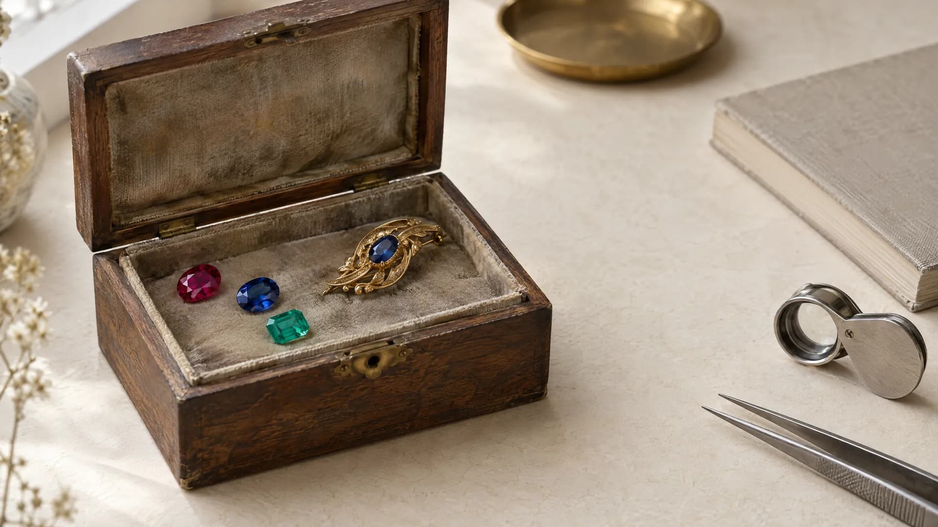 An old wooden box holding a ruby, a sapphire, an emerald and an antique brooch