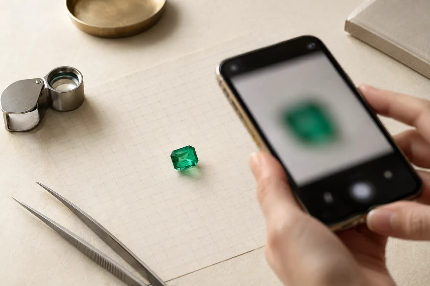 A phone photographing a loose emerald on graph paper