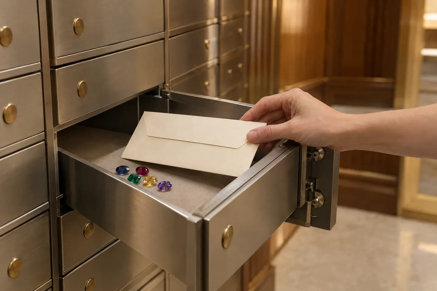 A hand placing a plain envelope into an open safe-deposit drawer