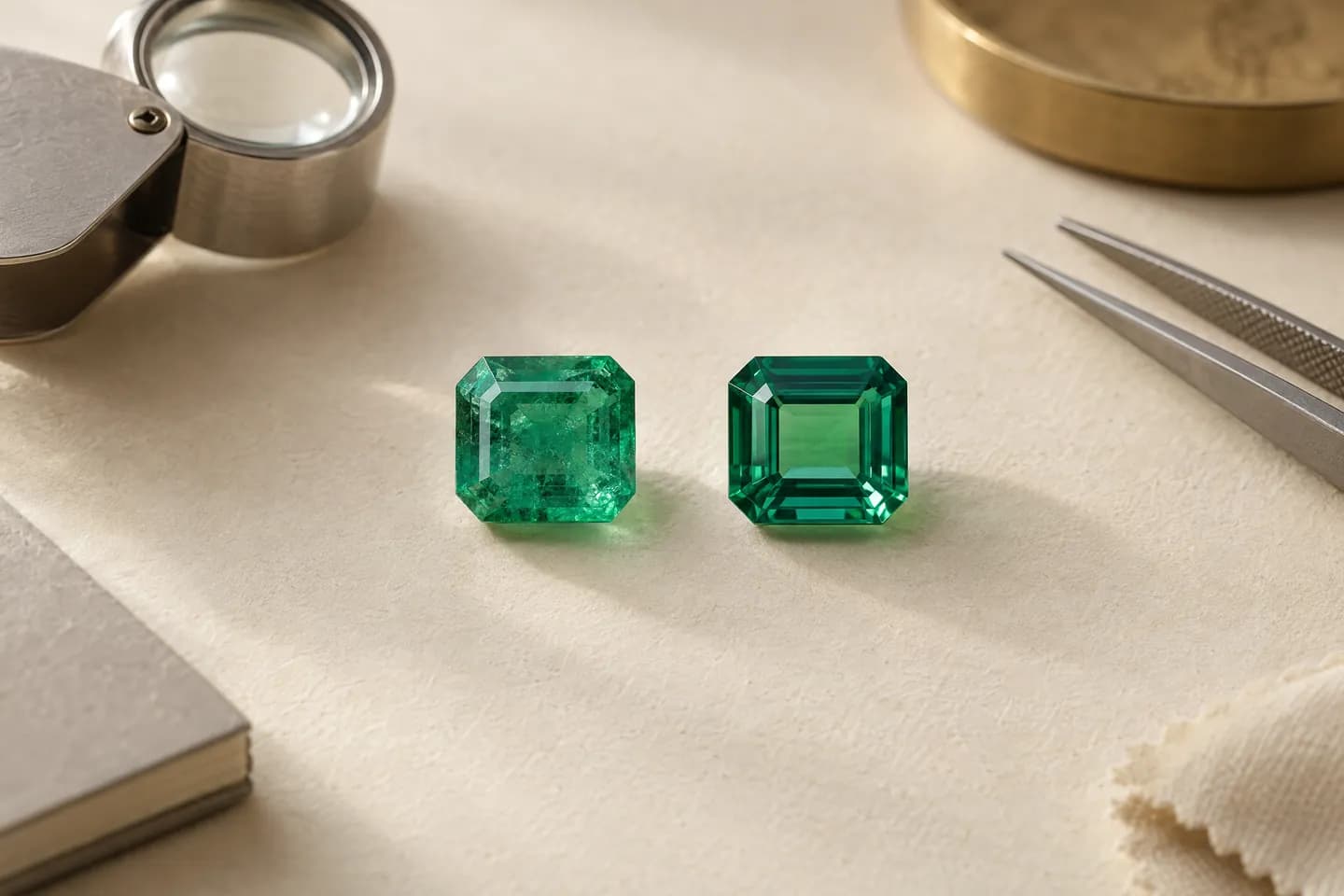 An emerald with natural inclusions beside a green glass imitation of the same cut
