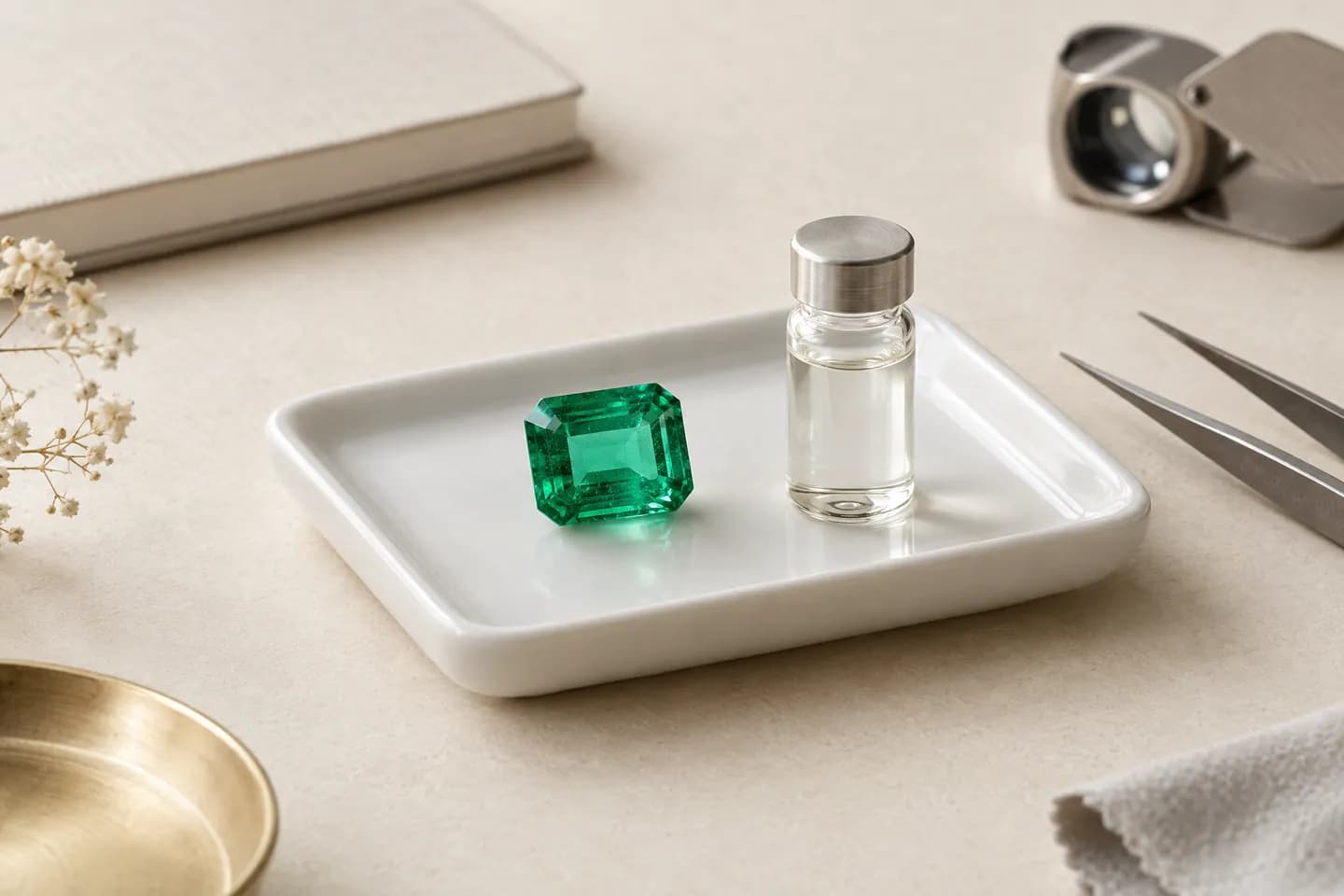 An emerald beside a small vial of clear oil on a porcelain tray