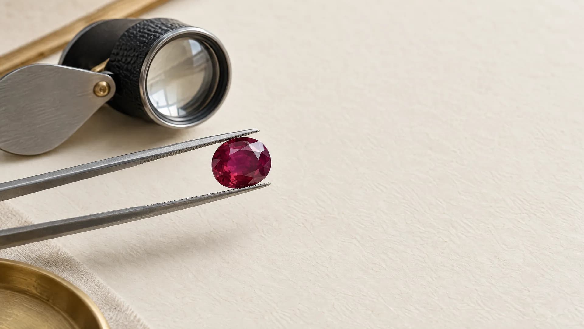 A ruby held in steel tweezers beside a jeweller's loupe