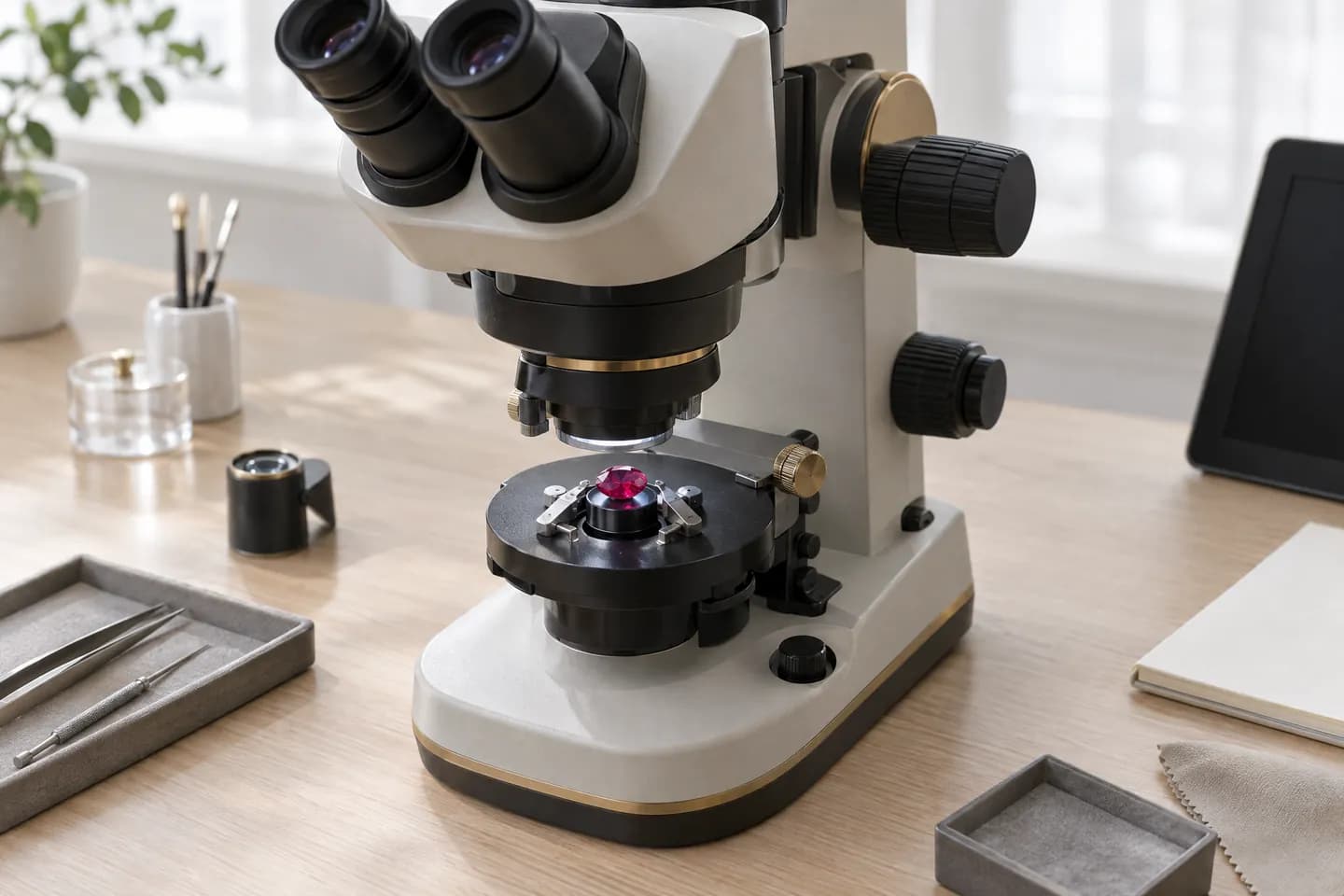 A gemmological microscope with a ruby on its stage