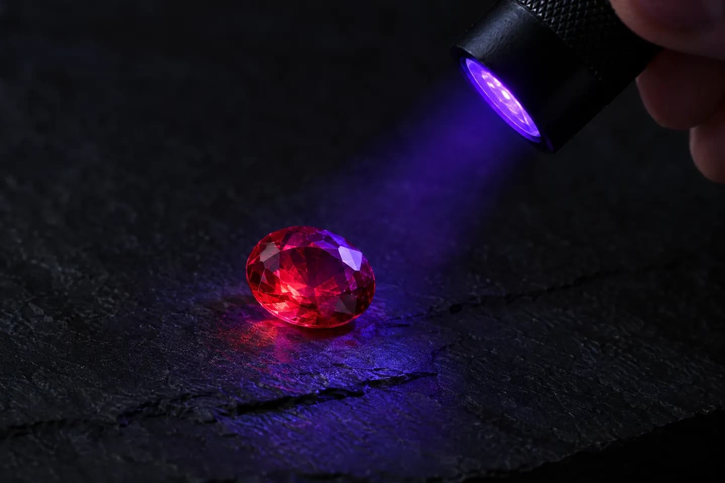 A ruby glowing red under the beam of a small UV torch