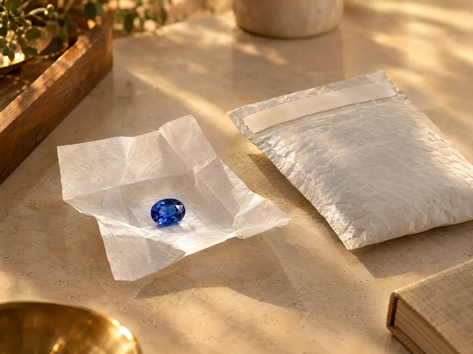 A blue sapphire in an opened gem paper beside a sealed padded courier pouch