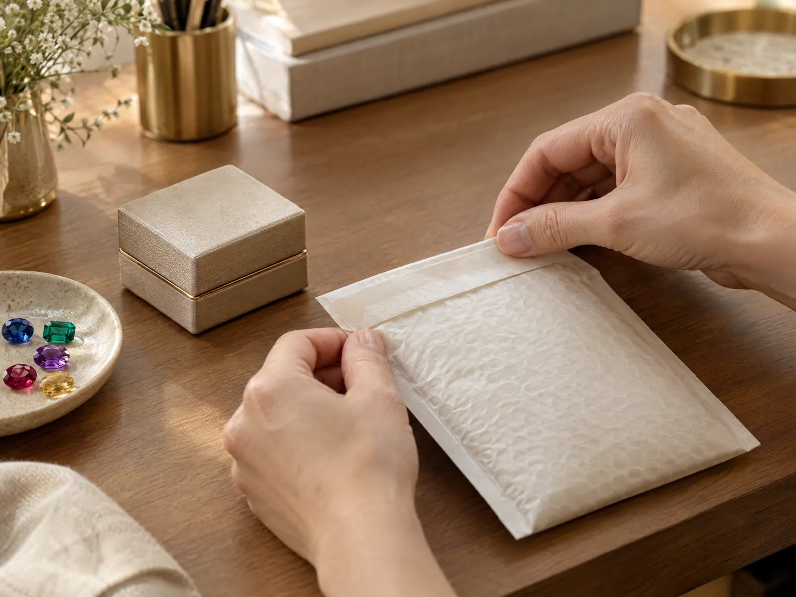 Hands sealing a padded courier pouch beside a small closed box