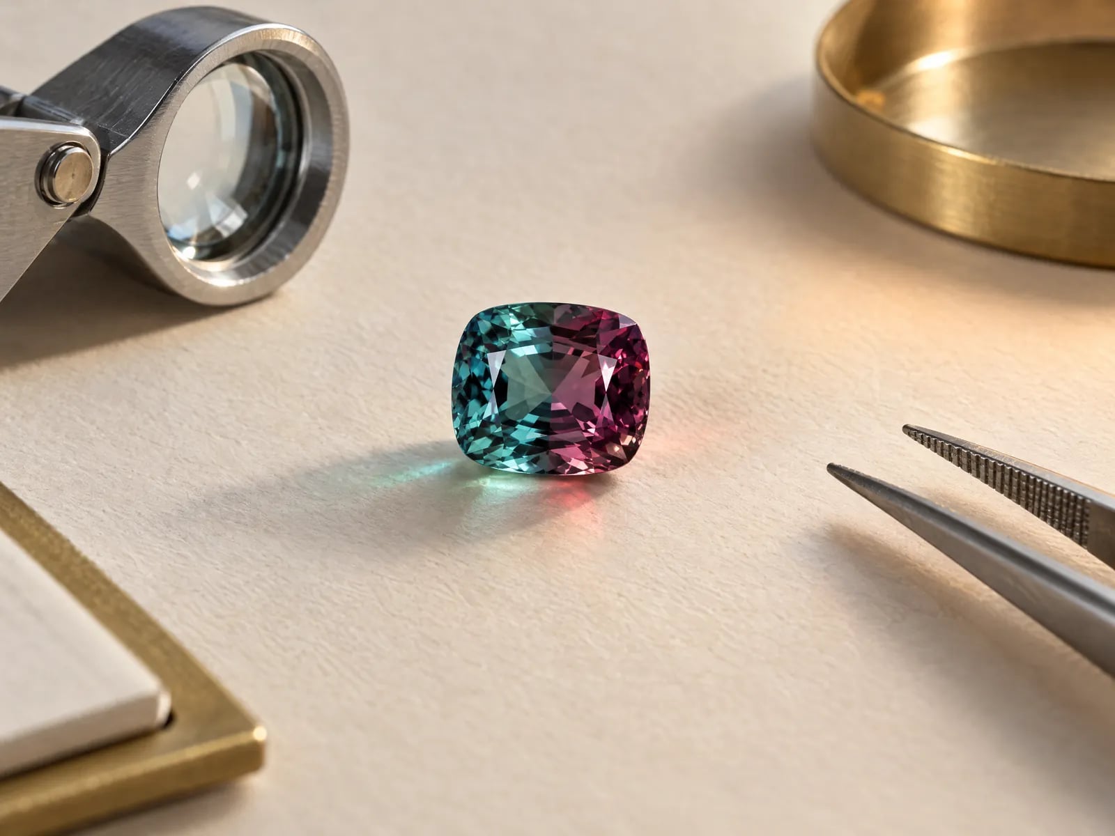 A faceted alexandrite flashing bluish green on one side and purplish red on the other