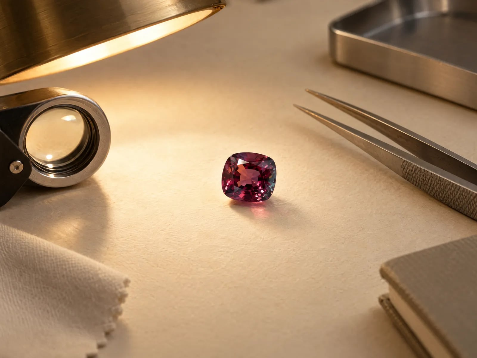 An alexandrite glowing purplish red under a warm desk lamp