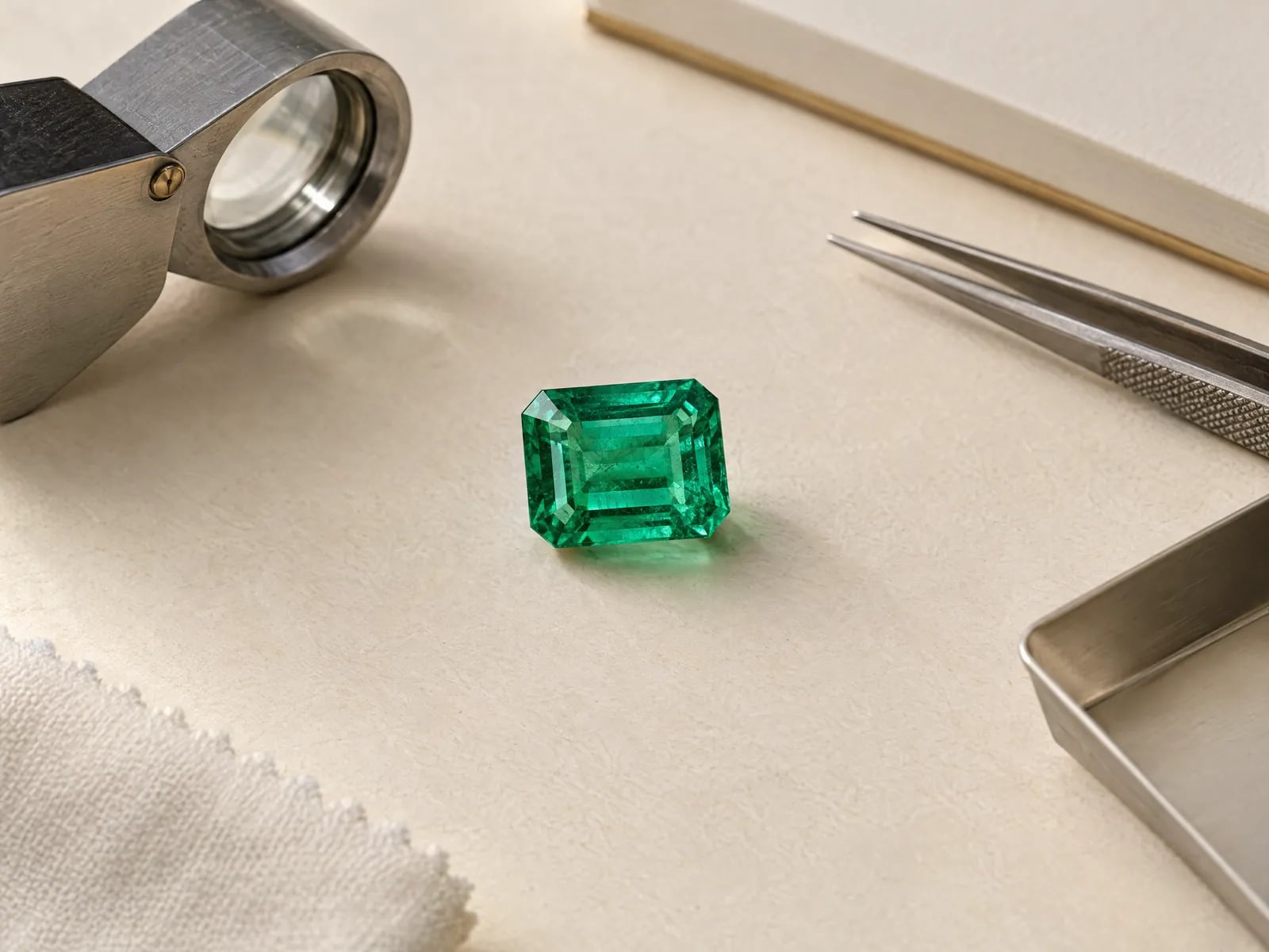An emerald-cut emerald on ivory paper beside a loupe and tweezers
