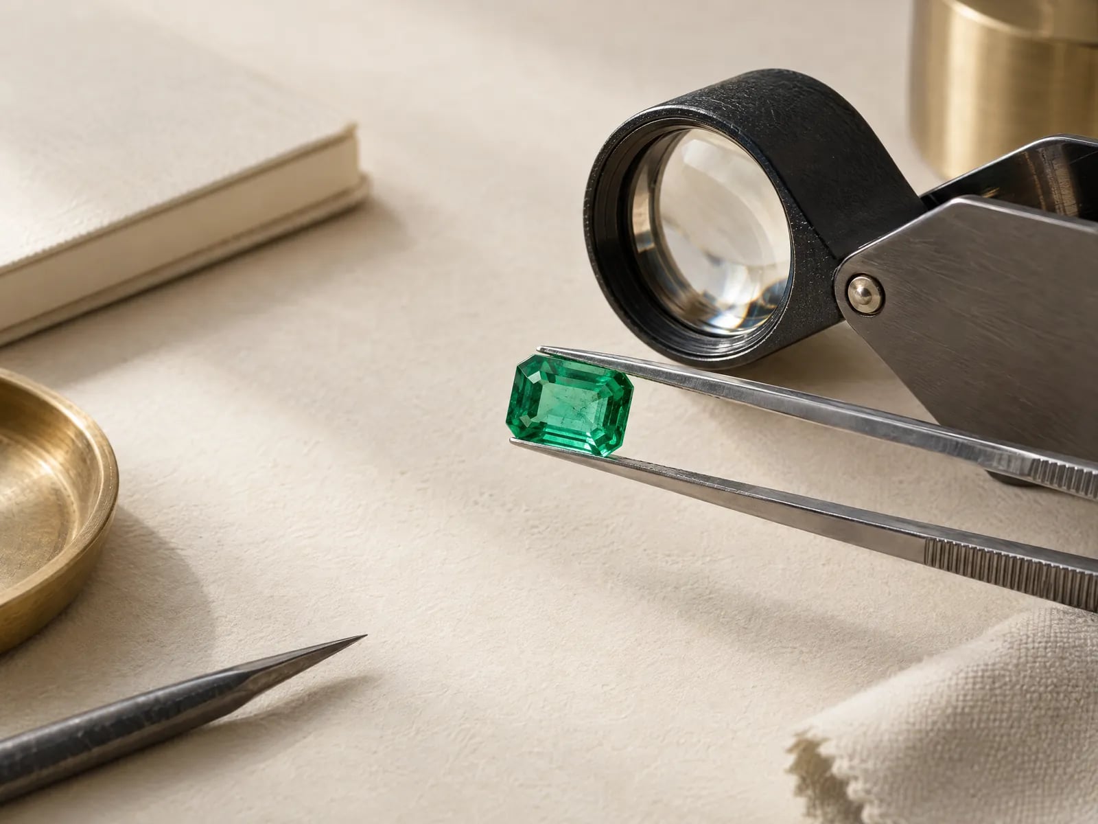 An emerald held in tweezers under a jeweller's loupe