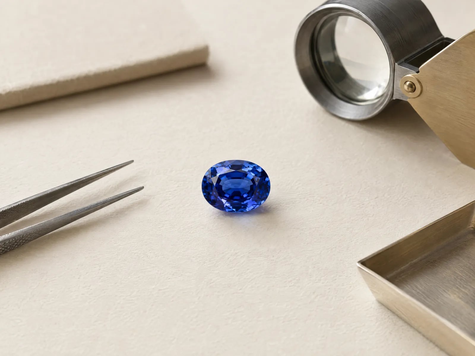 An oval blue sapphire on ivory paper beside a loupe and tweezers