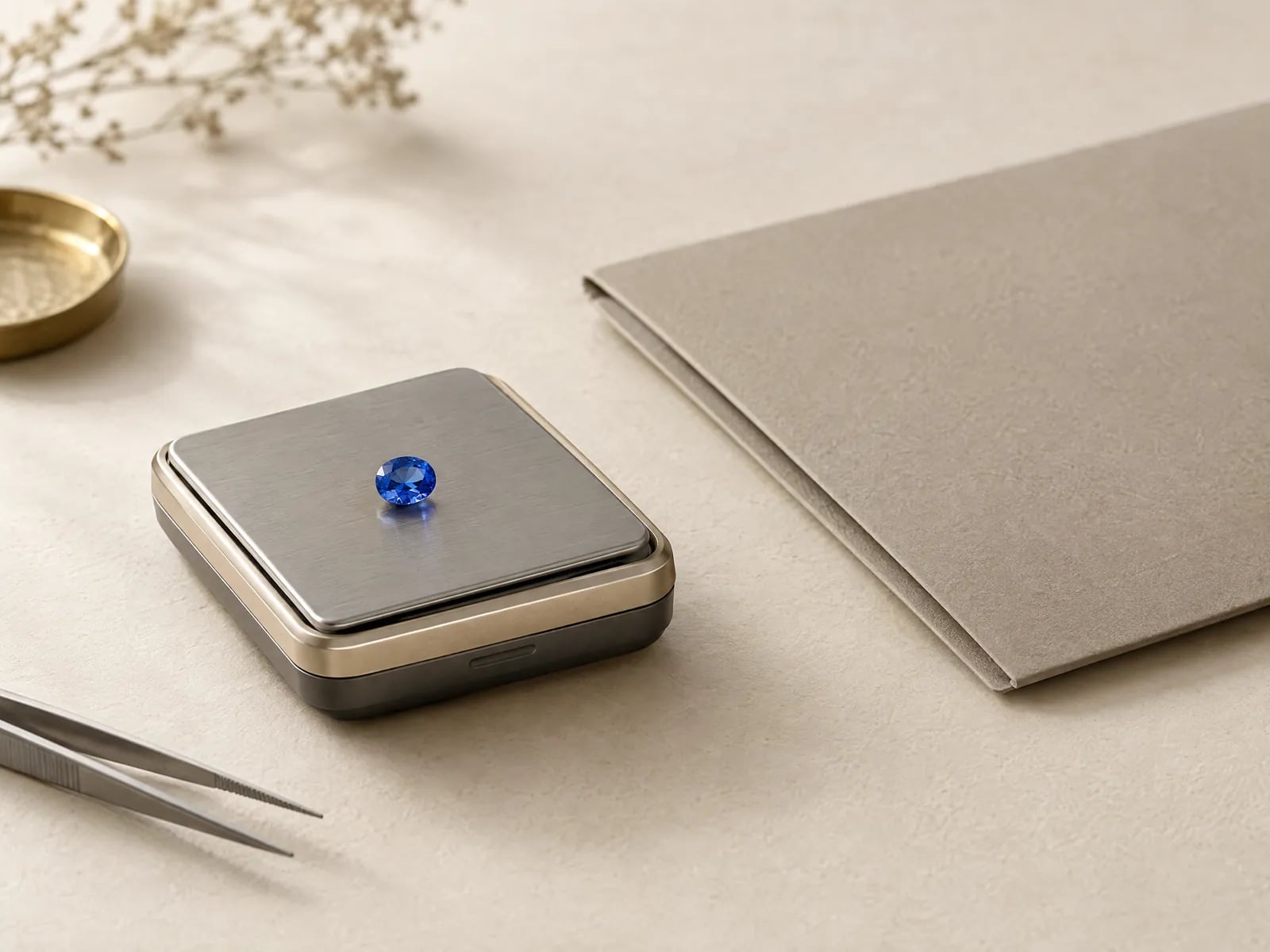 A blue sapphire on a small carat scale beside a closed folder