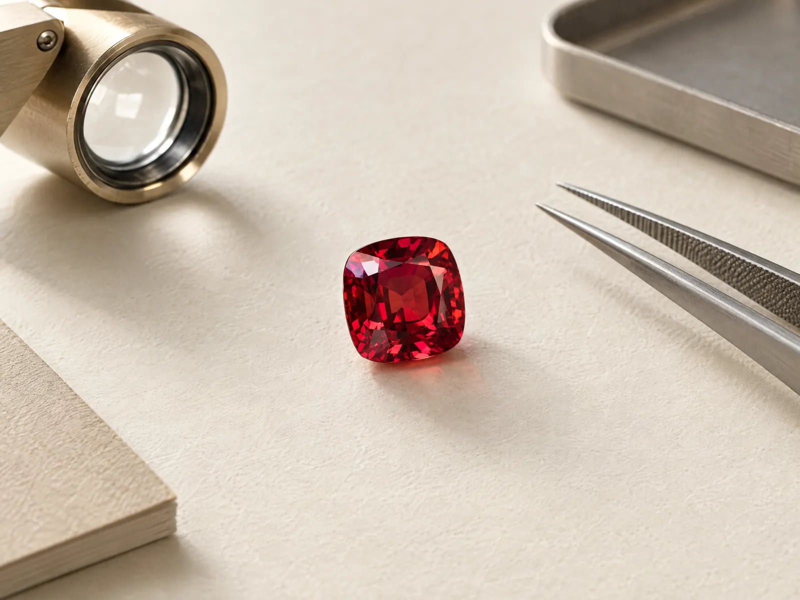 A cushion-cut red spinel on ivory paper beside a loupe and tweezers
