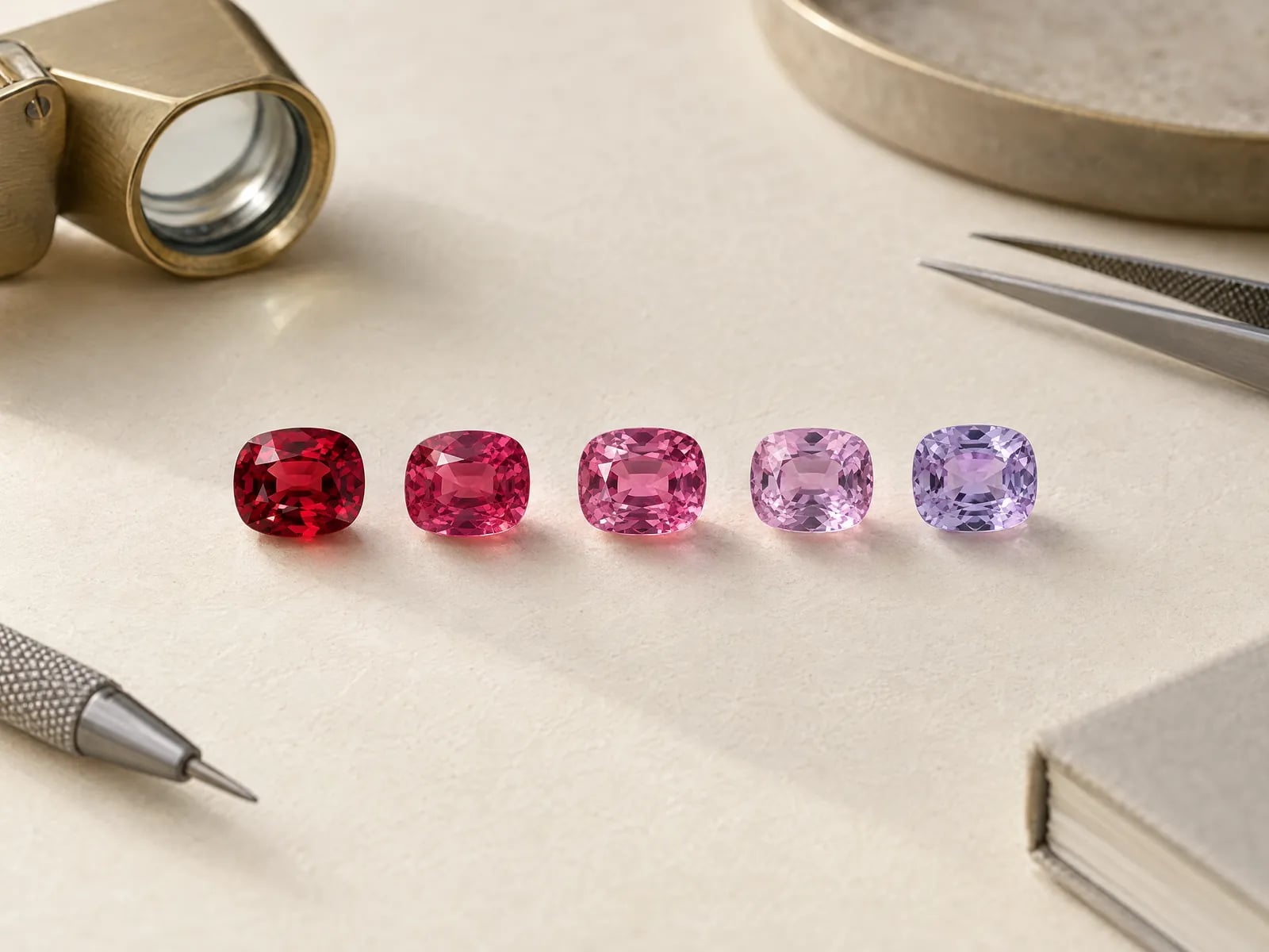 A row of spinels from red through pink to lavender
