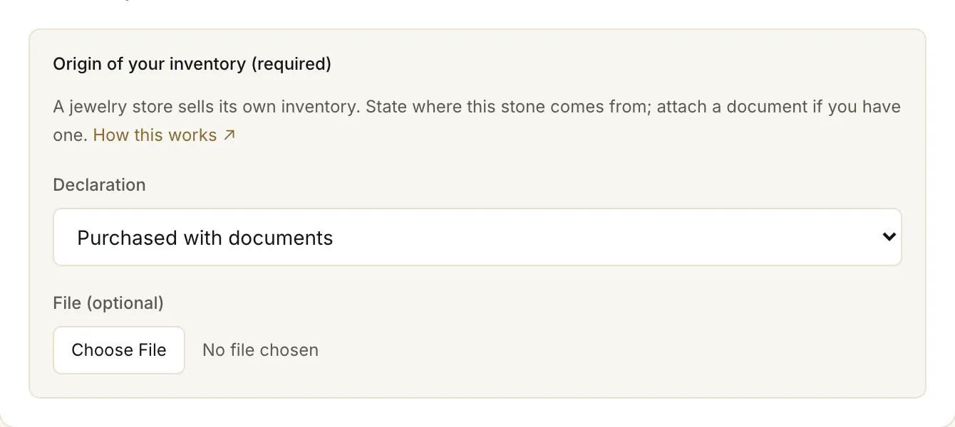 The jewelry store's origin block on the listing form