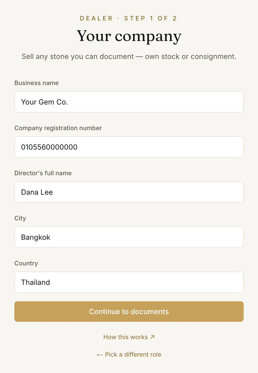 The business form's first step, filled in