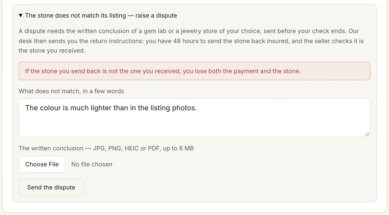 The dispute opened on the order page
