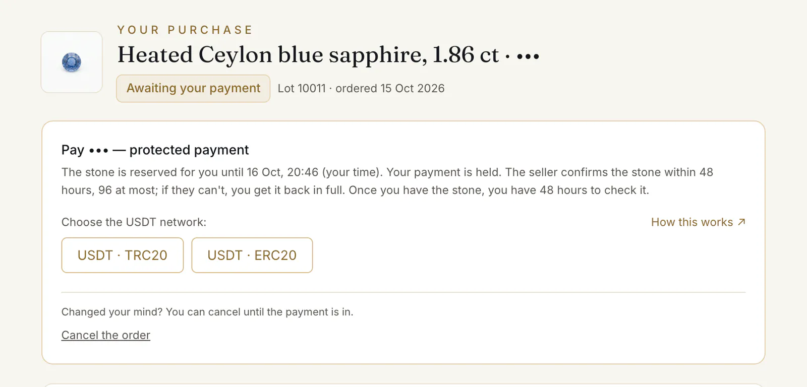 An unpaid order: the payment panel with the choice of network