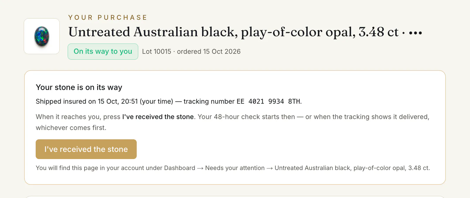 An order on its way to the buyer, with the button to confirm it arrived