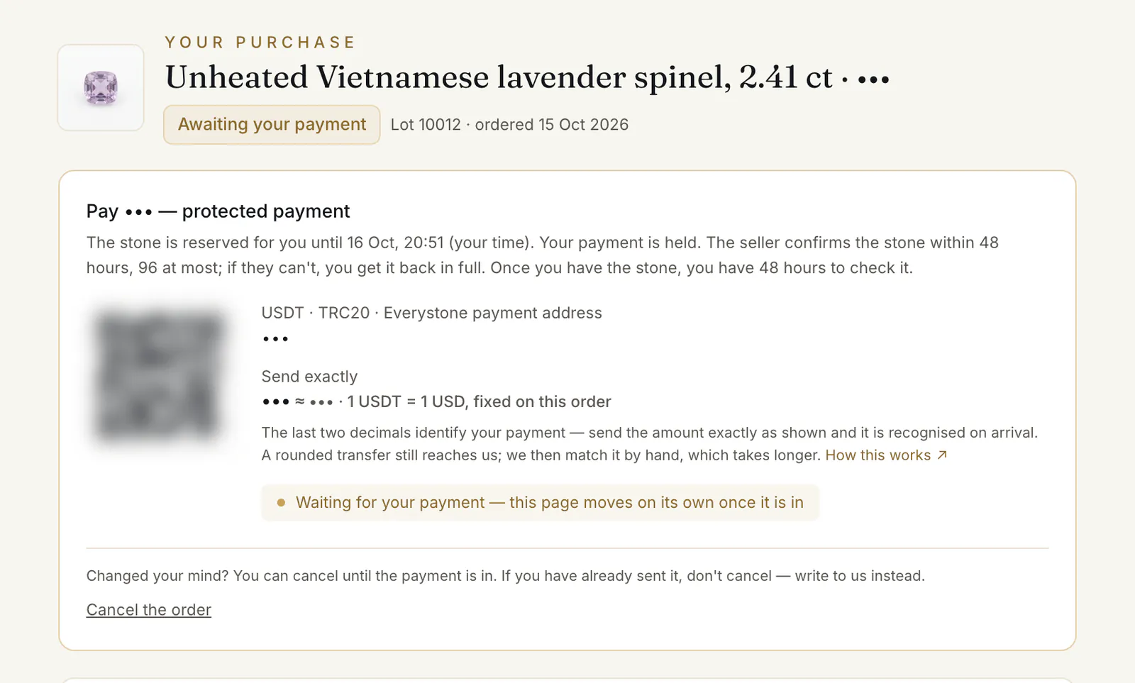 The payment panel after the network was chosen: the address and the exact amount