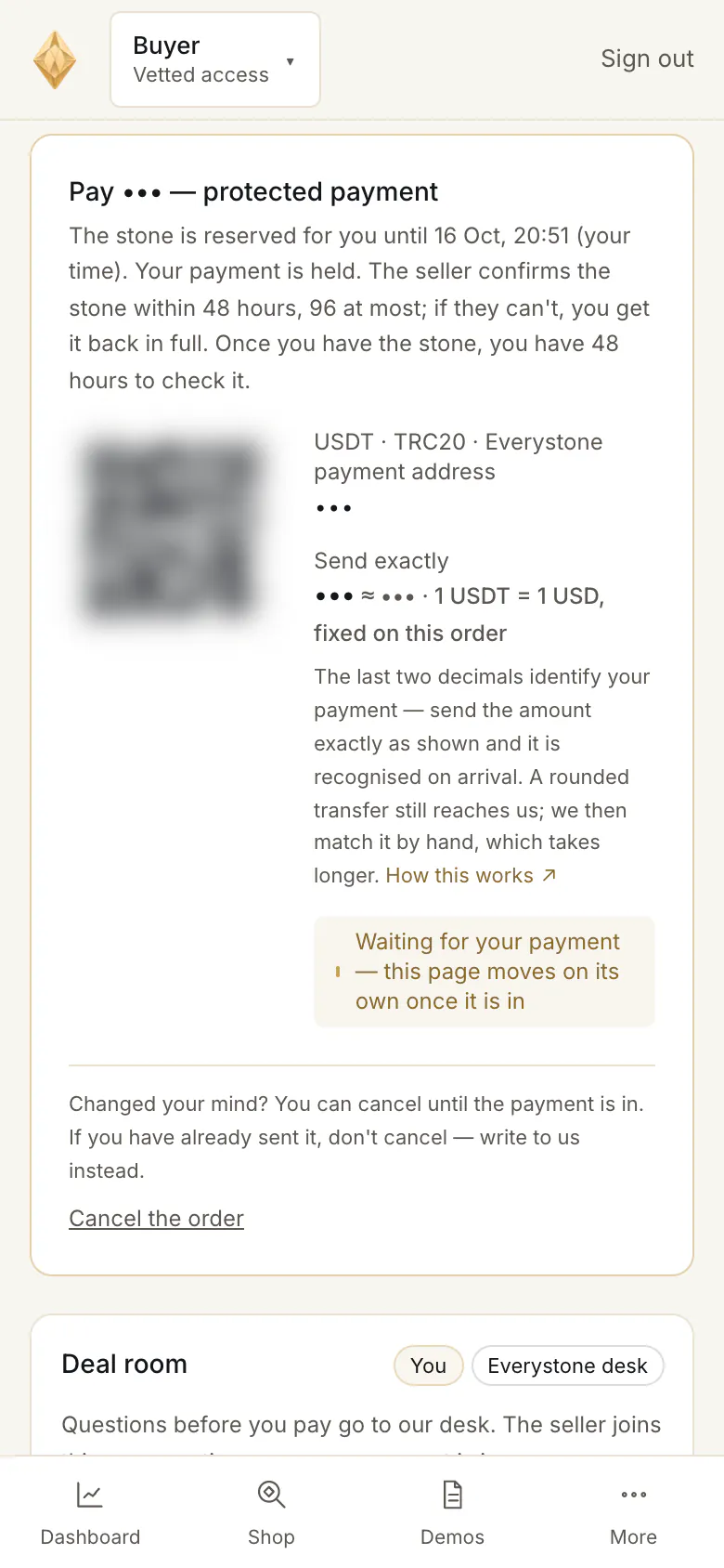 The same payment panel on a phone