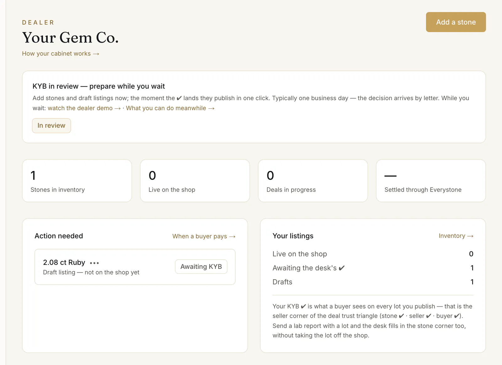 A dealer dashboard while the business check is in review