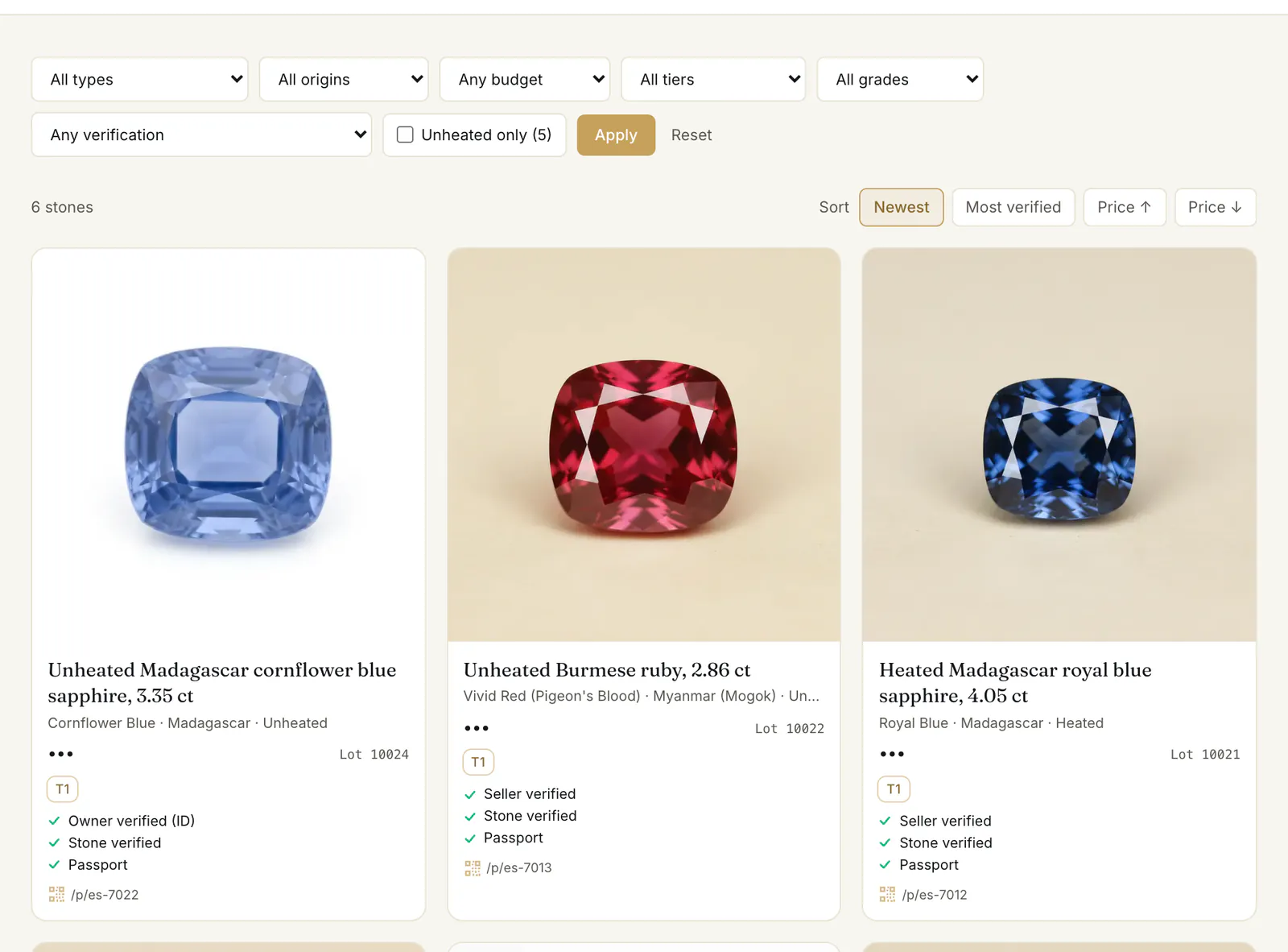 The shop: filters and sort above, lot cards with their check lines below